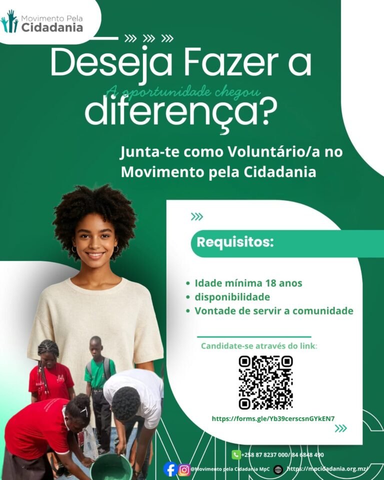 A MUDANÇA COMEÇA CONTIGO! O Movimento Pela Cidadania está à procura de pessoas com coração grande e vontade de servir. Se tens +18 anos, disponibilidade e queres usar o teu tempo para fazer o bem, este é o teu lugar. Como Voluntário/a vais trabalhar em acções que impactam vidas, comunidades e o futuro do nosso país. É um trabalho não remunerado, mas com a maior recompensa: ver a diferença que fazes. Vem fazer parte! Inscreve-te: https://forms.gle/Yb39cerscsnGYkEN7 Juntos somos mais fortes. Juntos fazemos a diferença💚